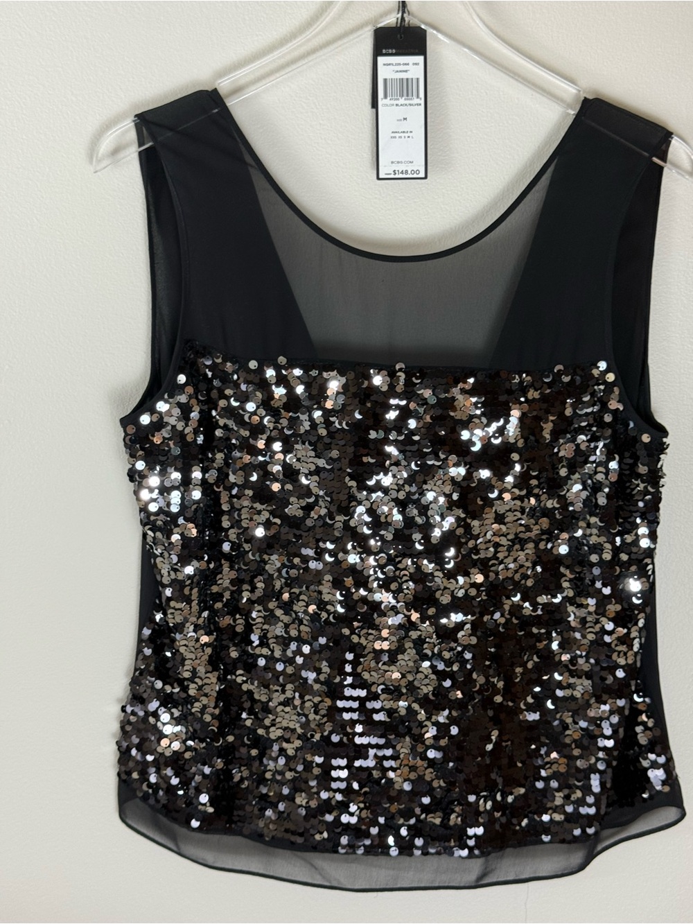BCBGMAXAZRIA Black and Silver Sequin Janine Sleeveless Top
